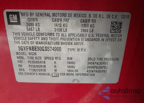 2016 Cadillac Srx Luxury Collection from USA, damaged, VIN 3GYFNBE30GS574900